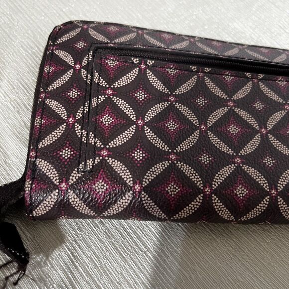 Fossil Leather Wallet Zip Around Burgundy Geometric Slim Clutch Bifold Organizer - Picture 2 of 9